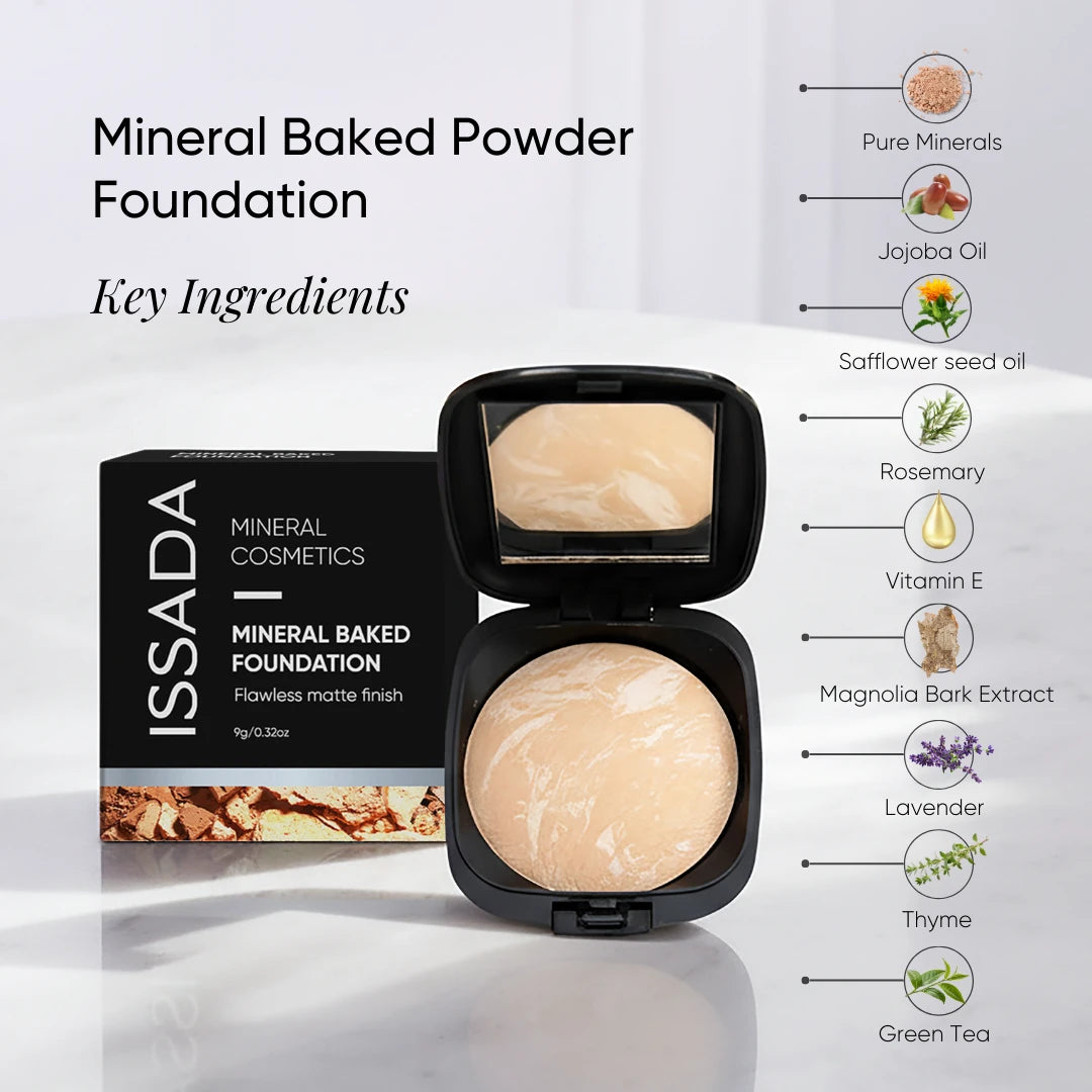 ISSADA Mineral Baked Powder Foundation with natural ingredients including jojoba oil vitamin E green tea and pure minerals