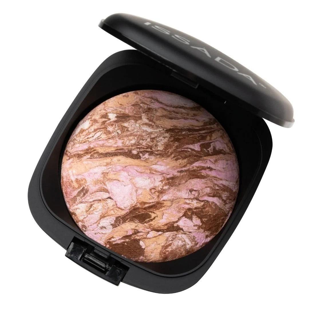 ISSADA Mineral Baked Velvet Blush earth shade - marbled pink and bronze compact powder on a white background