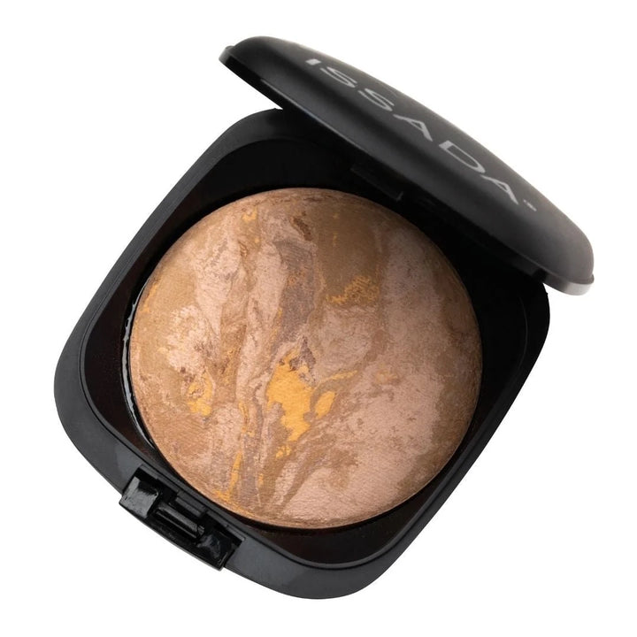 ISSADA Mineral Baked Velvet Blush sand shade - marbled bronze and gold compact powder on a white background