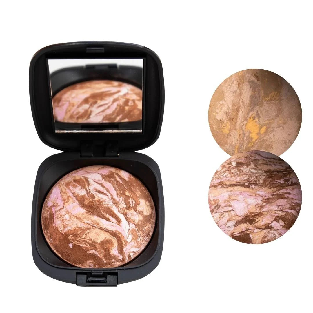ISSADA Mineral Baked Velvet Blush – marbled pink and bronze powder compact with mirror on a white background