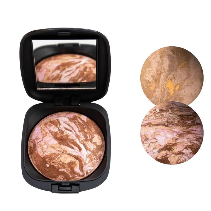 ISSADA Mineral Baked Velvet Blush – marbled pink and bronze powder compact with mirror on a white background