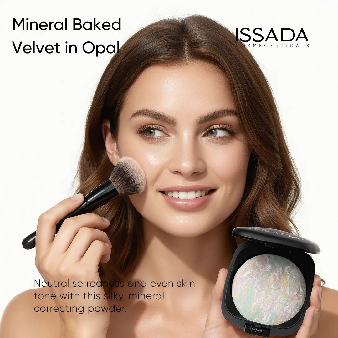 Model applying ISSADA Mineral Baked Velvet Corrector Opal mineral powder to neutralise redness and even skin tone