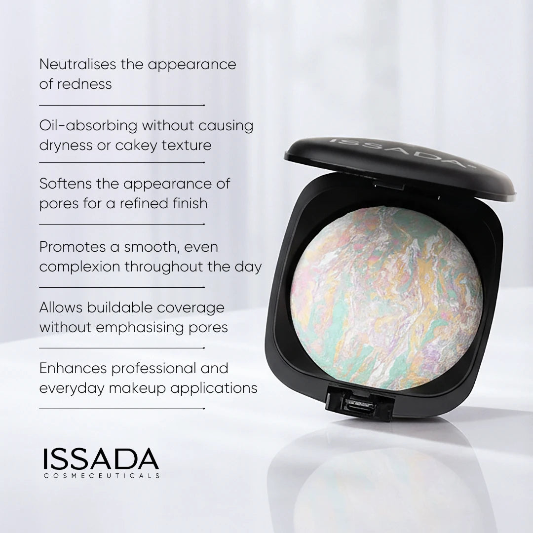 ISSADA Mineral Baked Velvet Corrector Opal mineral powder compact showing redness neutralising oil absorbing skin smoothing benefits