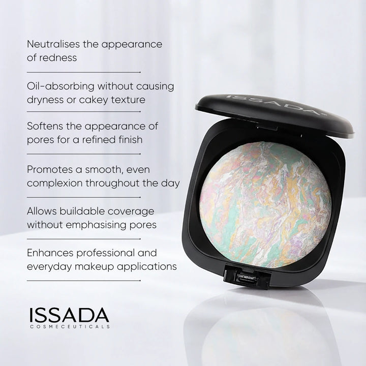 ISSADA Mineral Baked Velvet Corrector Opal mineral powder compact showing redness neutralising oil absorbing skin smoothing benefits
