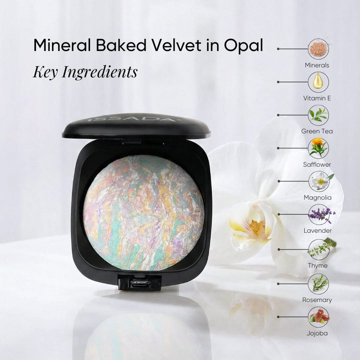 ISSADA Mineral Baked Velvet Corrector Opal mineral colour correcting powder with vitamin E green tea safflower magnolia lavender thyme rosemary and jojoba