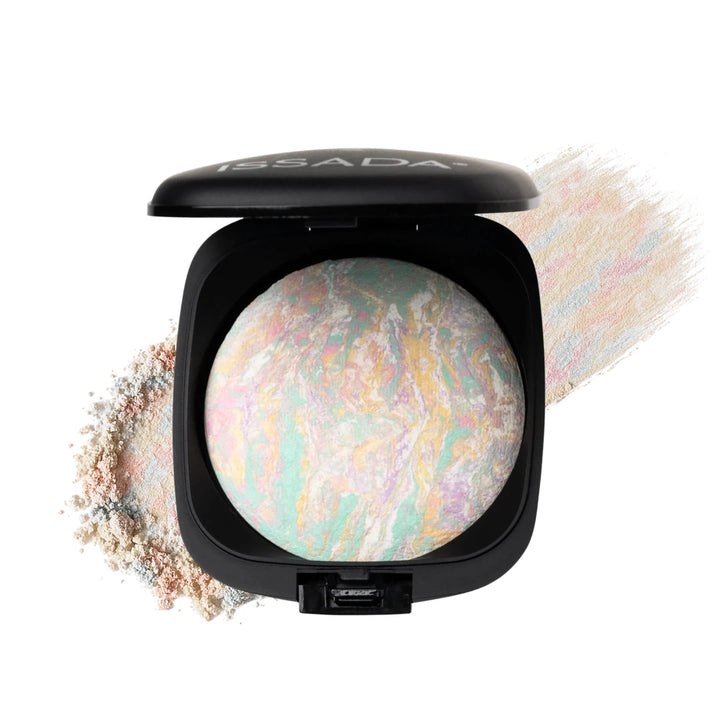 ISSADA Mineral Baked Velvet Corrector in Opal colour correcting mineral powder compact with multi tone swirl and powder swatch