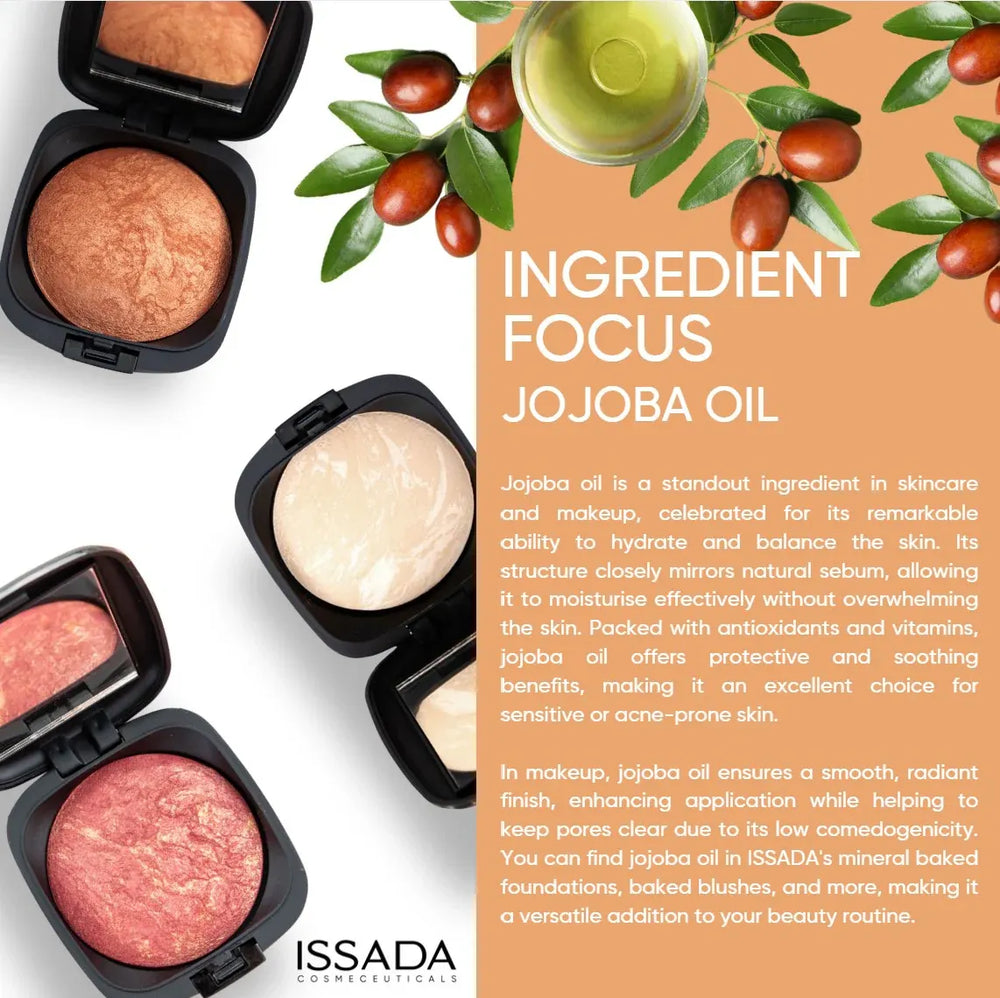 ISSADA mineral baked velvet makeup compacts displaying shades, surrounded by jojoba oil and leaves on an orange background.