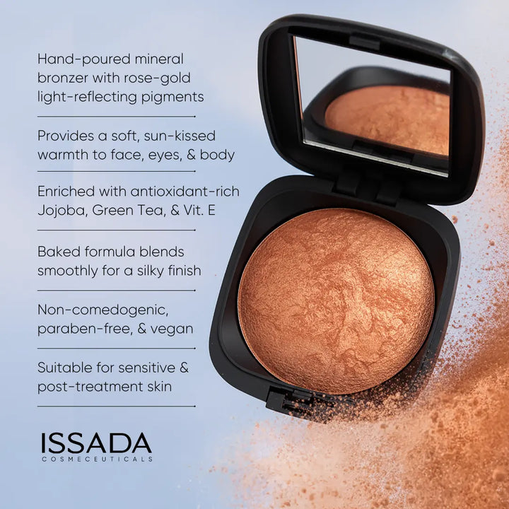 ISSADA Mineral Beach Babe baked mineral bronzer with rose-gold pigments for a soft sun-kissed glow