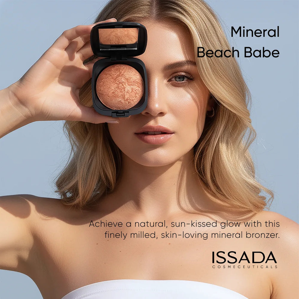 Model holding ISSADA Mineral Beach Babe bronzer showing natural sun-kissed glow mineral bronzing powder