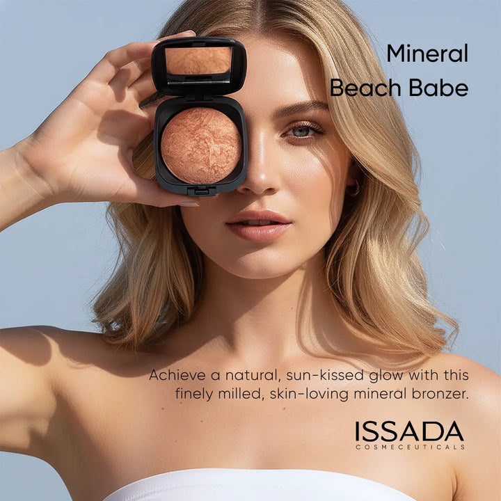 Model holding ISSADA Mineral Beach Babe bronzer showing natural sun-kissed glow mineral bronzing powder
