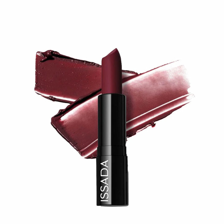 ISSADA Mineral Cream Lipstick Belle Berry shade with a creamy satin finish, shown with swatch background