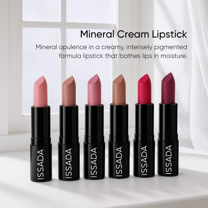 Issada Mineral Cream Lipsticks displayed in a row near a window, showing a range of shades in a creamy, hydrating formula that delivers rich pigment and moisture.