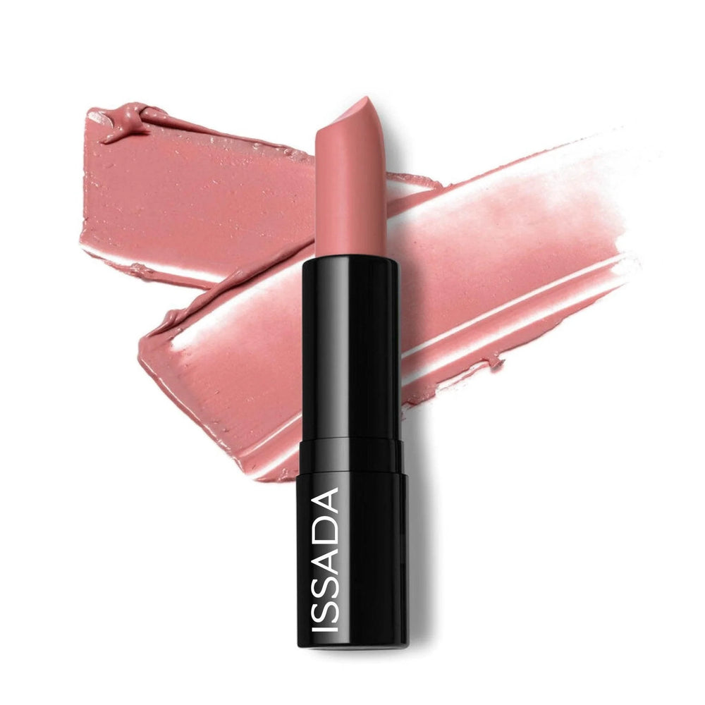 ISSADA Mineral Cream Lipstick Darling Dahlia shade with smooth texture, shown with swatch background