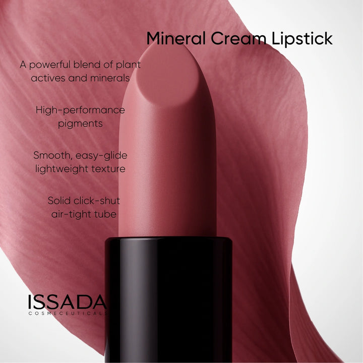 ISSADA Mineral Cream Lipstick showing creamy mineral lipstick texture with plant actives and smooth lightweight formula