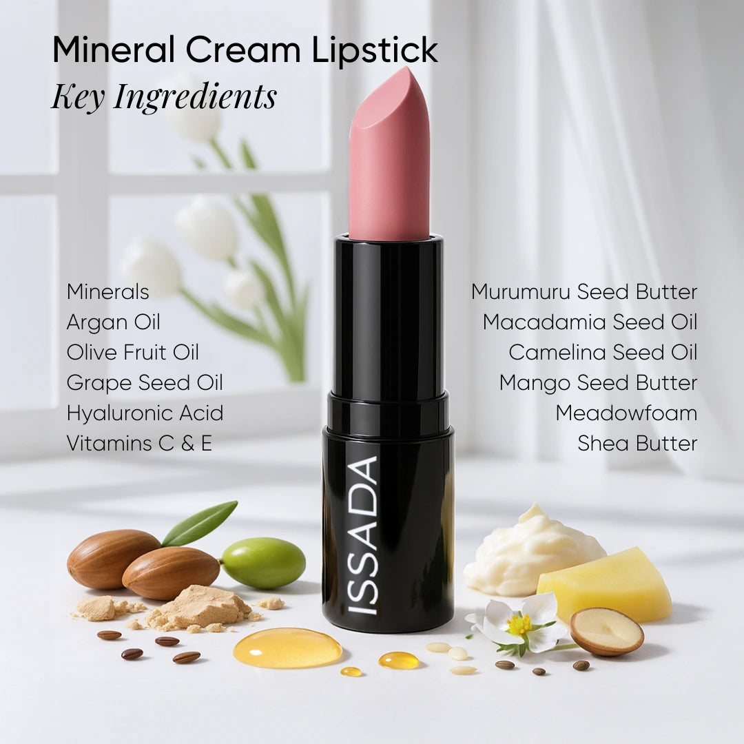 ISSADA Mineral Cream Lipstick key ingredients including argan oil hyaluronic acid shea butter and plant oils