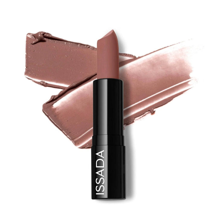 ISSADA Mineral Cream Lipstick Lustrous Latte shade with creamy texture, displayed with swatch background