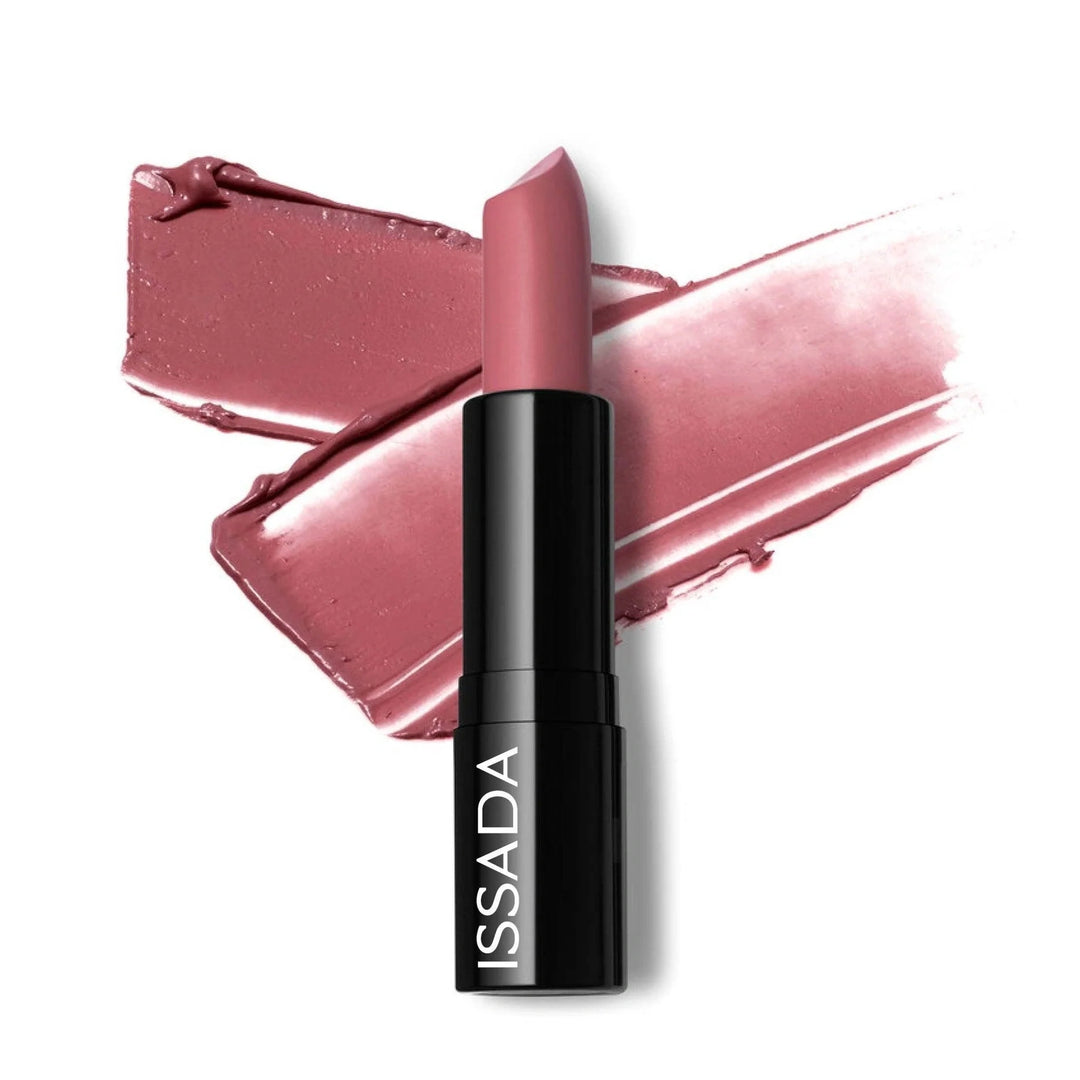 ISSADA Mineral Cream Lipstick Magical Mauve shade with creamy satin finish, shown with swatch background