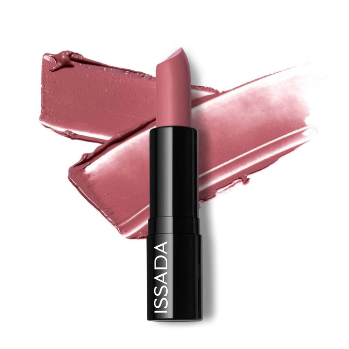ISSADA Mineral Cream Lipstick Magical Mauve shade with creamy satin finish, shown with swatch background