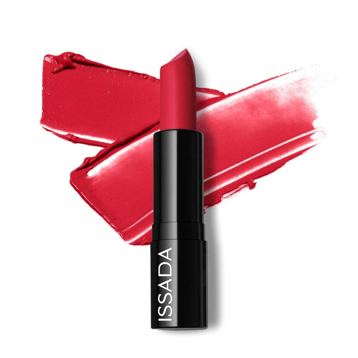 ISSADA Mineral Cream Lipstick Regal Red shade with creamy satin texture, shown with swatch background