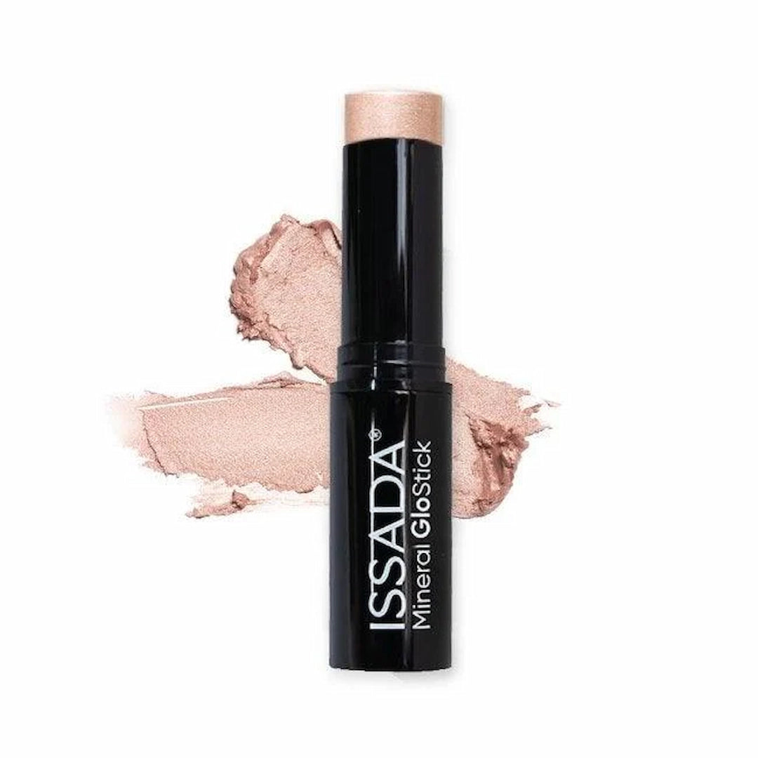 ISSADA mineral glowstick in champagne shade with swatches on a white background