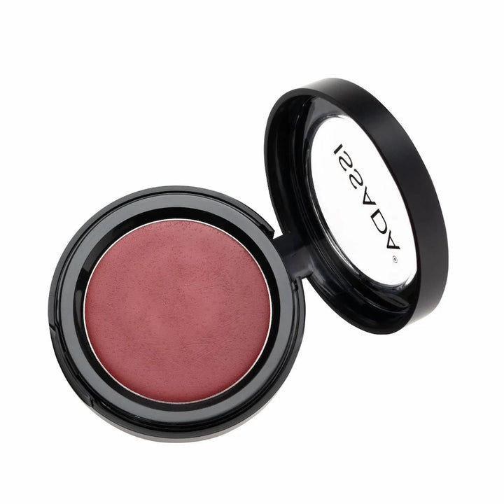 ISSADA Mineral Lip and Cheek Cream in deep berry red pomegranate punch shade open compact on a white background