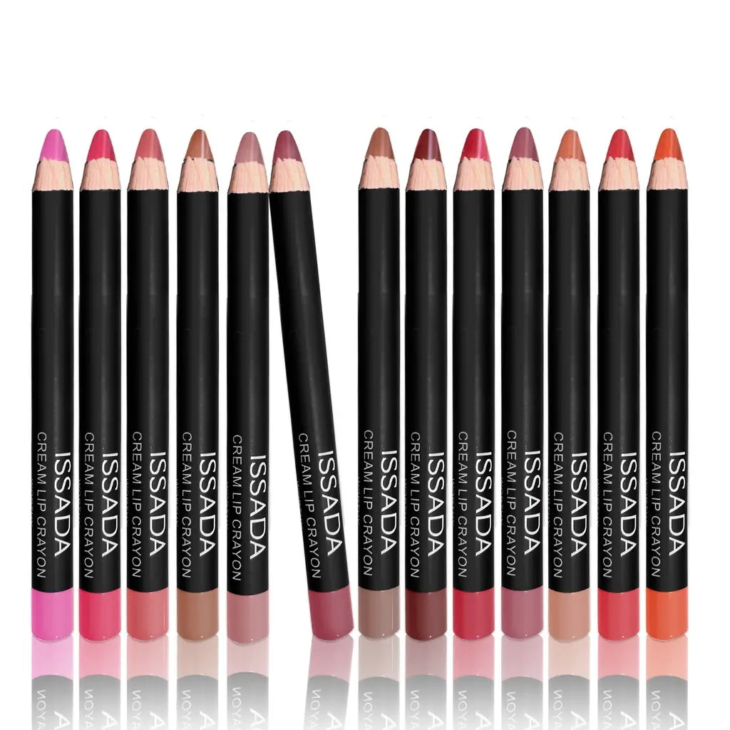 Set of ISSADA Mineral Lip Crayons in various shades on a white background