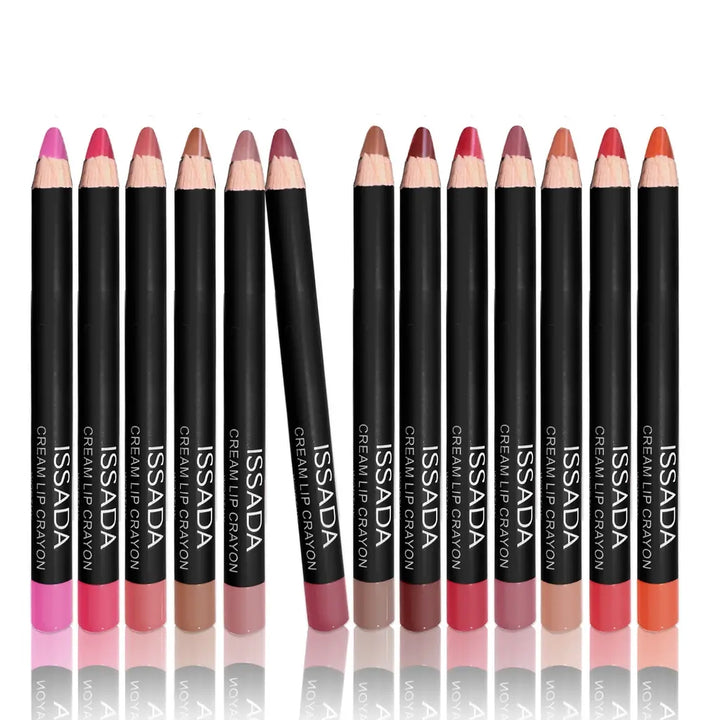 Set of ISSADA Mineral Lip Crayons in various shades on a white background