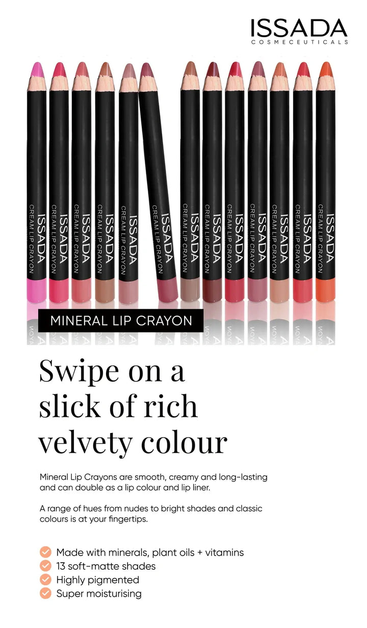 ISSADA Mineral Lip Crayons with product description text on a white background