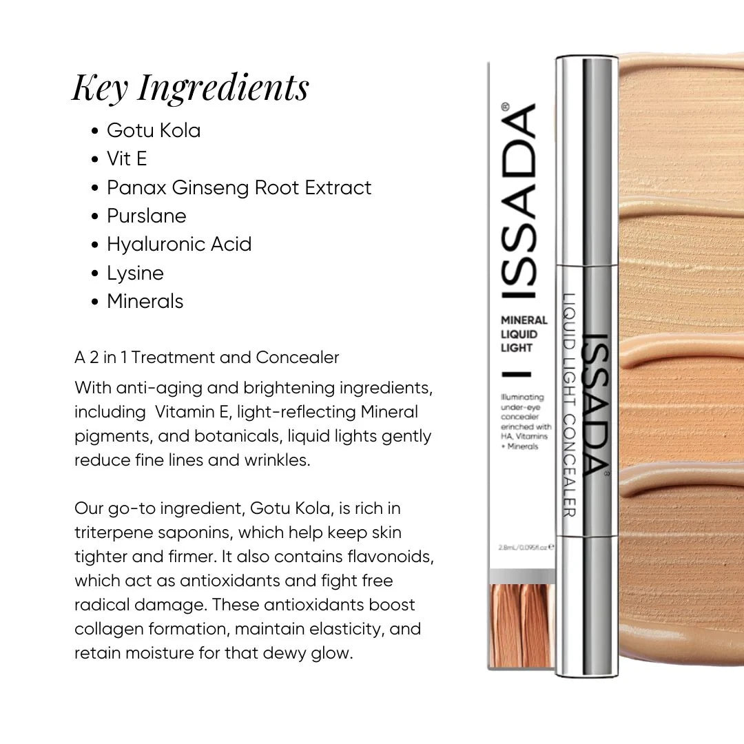 ISSADA Mineral Liquid Light concealer with key ingredients listed on a white background