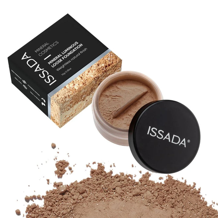 ISSADA mineral loose foundation in toffee shade with open container, powder, and packaging on a white background