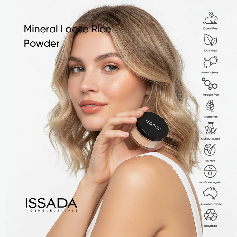 Woman holding ISSADA Mineral Loose Rice Powder translucent setting powder with talc-free mineral formula