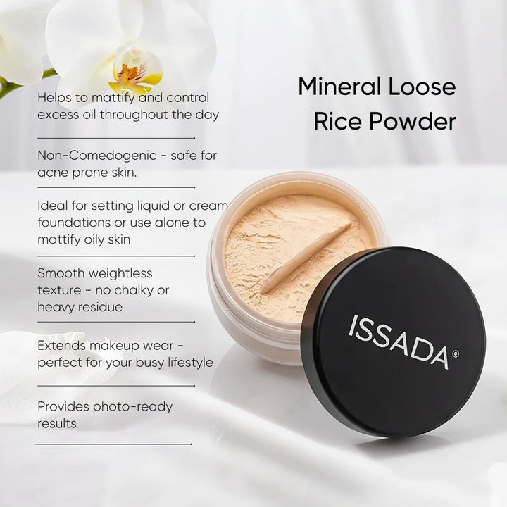 ISSADA Mineral Loose Rice Powder lightweight translucent setting powder for oil control and long-lasting matte makeup
