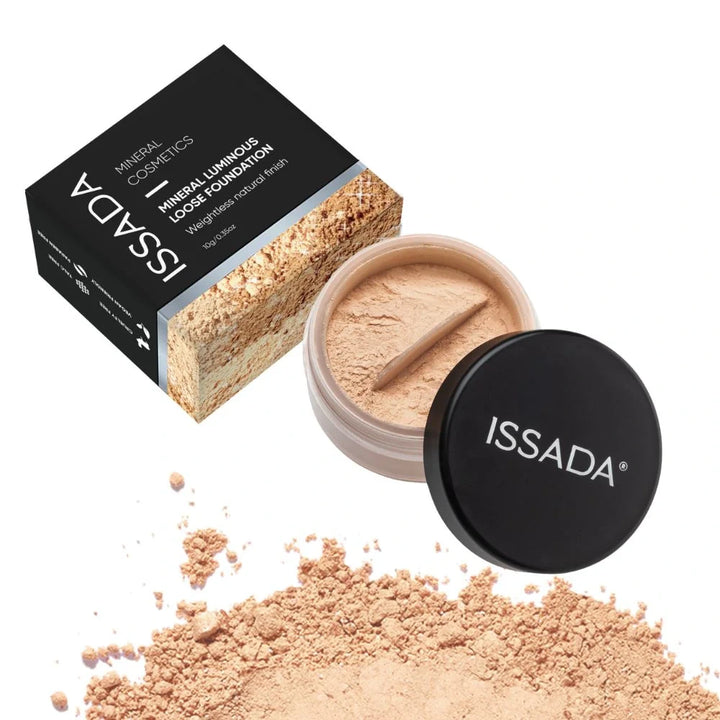ISSADA mineral luminous loose foundation in almond shade with packaging on a white background