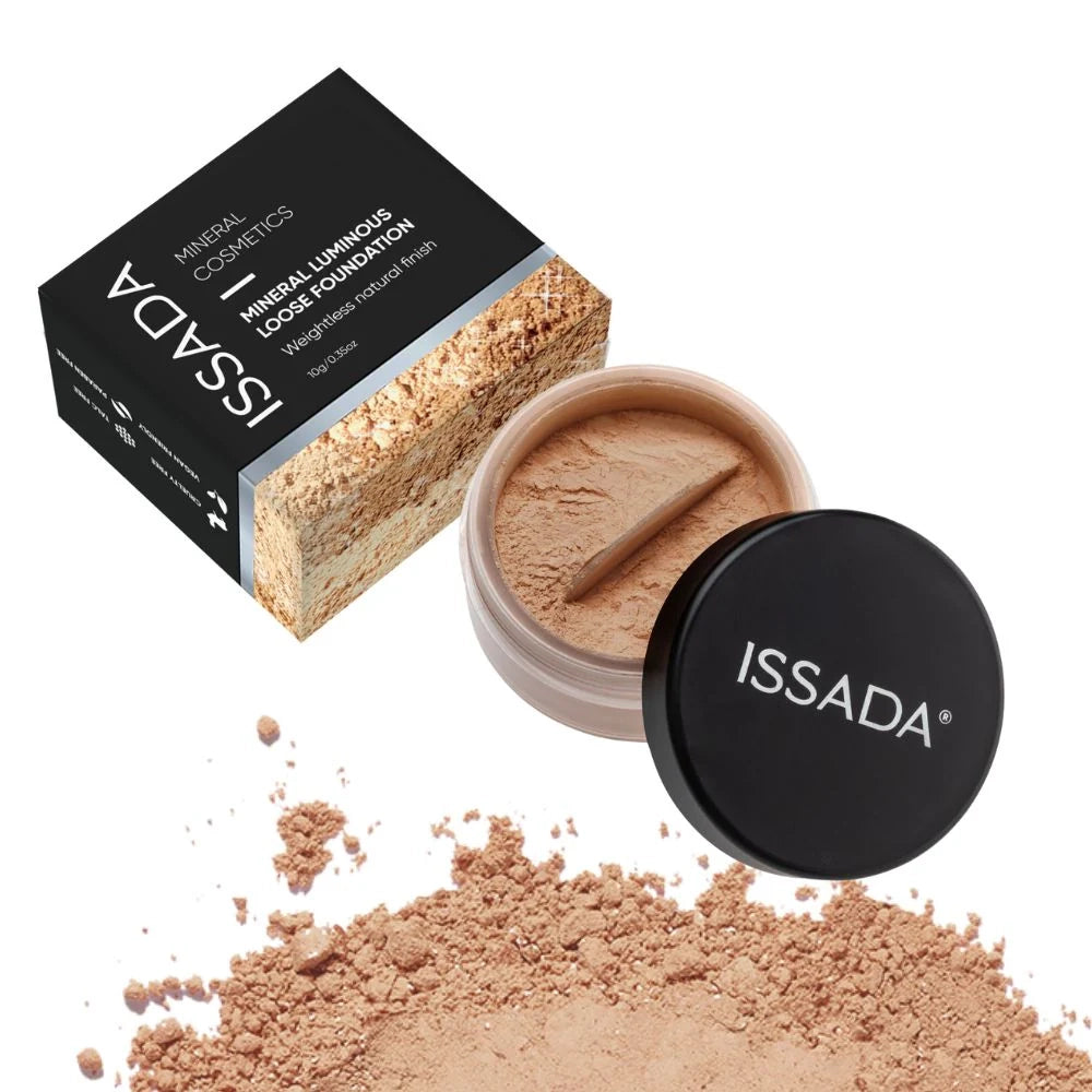 ISSADA Mineral Luminous Loose Foundation in Fudge shade with open container, box, and loose powder on a white background