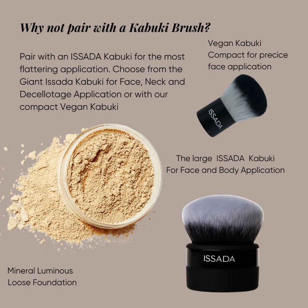 ISSADA mineral luminous loose foundation with a kabuki brush on a beige background