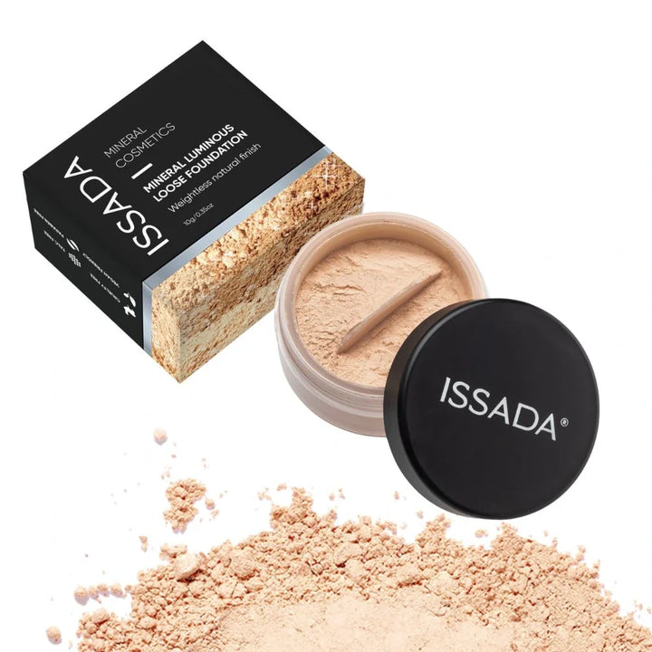 ISSADA Mineral Luminous Loose Foundation in Latte shade with packaging and loose powder in white background