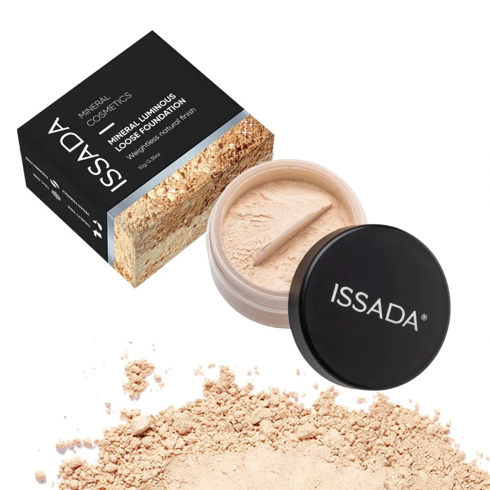 ISSADA mineral luminous loose foundation in milk shade with open container and packaging on a white background