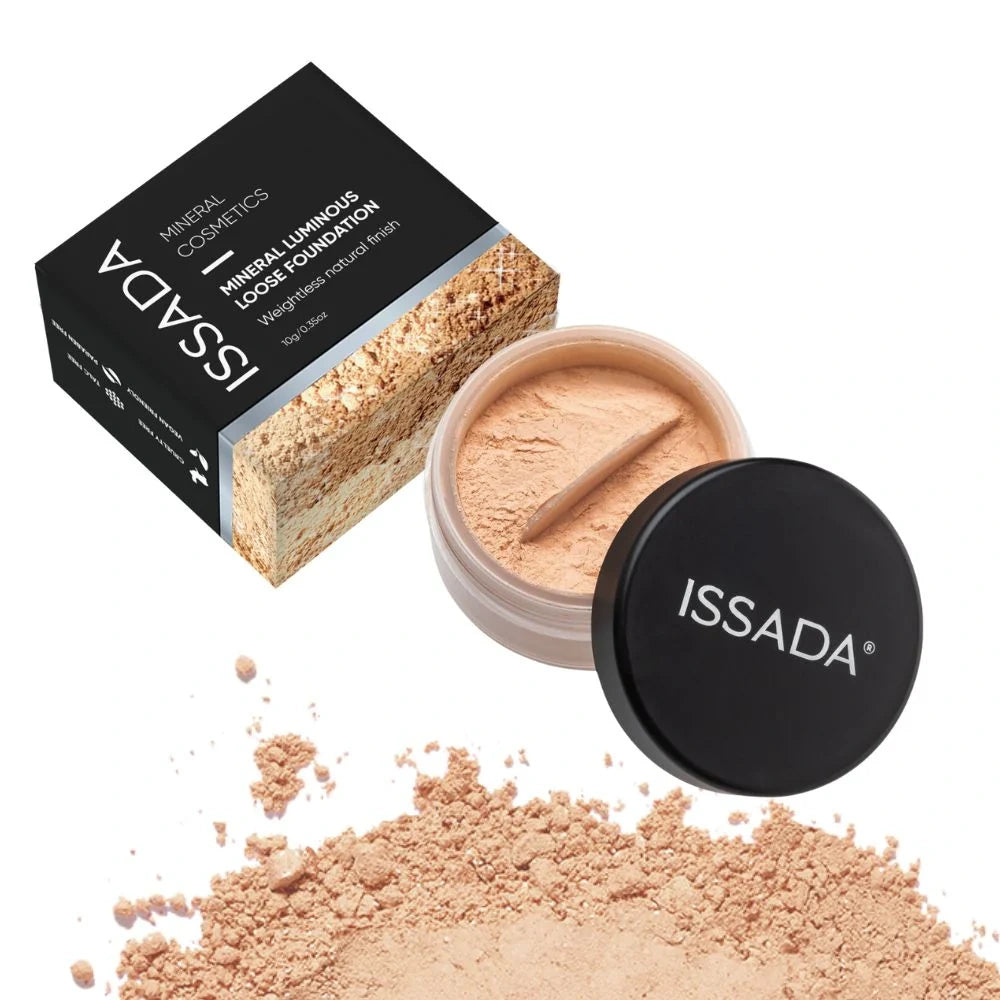 ISSADA mineral luminous loose foundation in truffle shade with packaging and loose powder on a white background