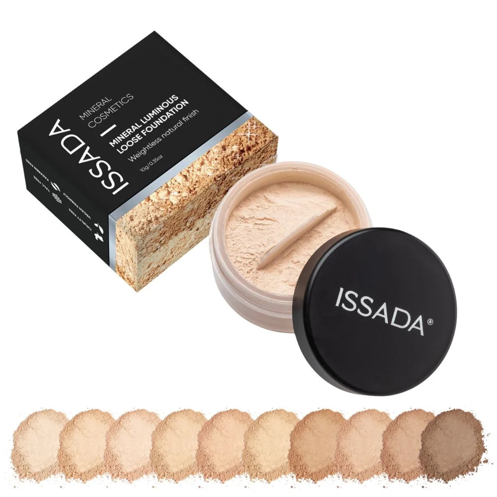 ISSADA mineral luminous loose foundation with packaging and color swatches on a white background