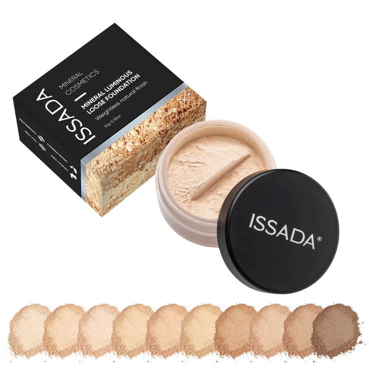 ISSADA mineral luminous loose foundation with packaging and color swatches on a white background