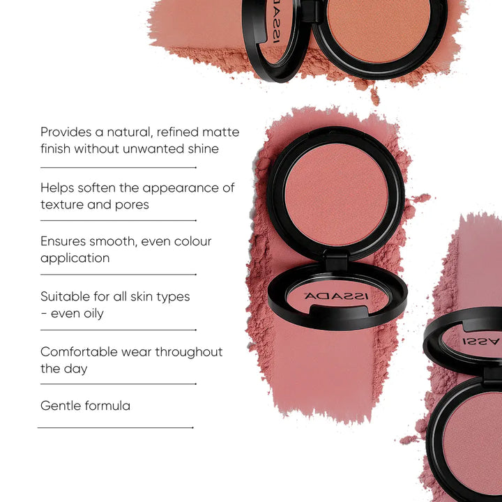 ISSADA Mineral Matte Blush compact with powder swatch showing smooth matte mineral blush formula and skin smoothing benefits