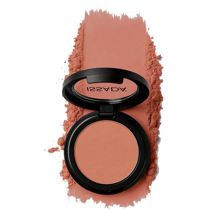 ISSADA Mineral Matte Blush Fig shade compact with warm terracotta blush powder swatch and matte mineral formula