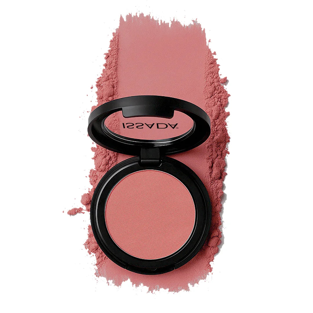 ISSADA Mineral Matte Blush Guava shade compact with soft coral blush powder swatch and silky matte mineral finish