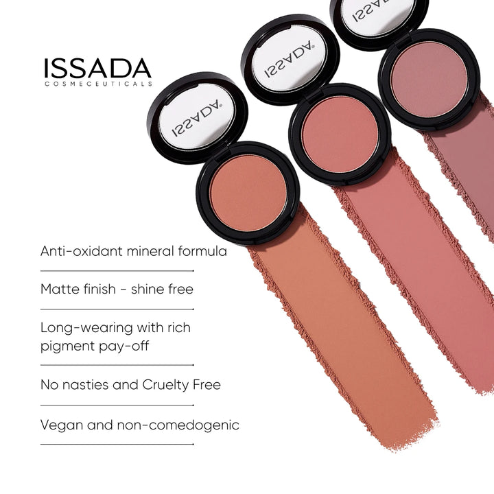 ISSADA Mineral Matte Blush Lychee compact with mineral blush swatch highlighting antioxidant mineral formula and matte finish