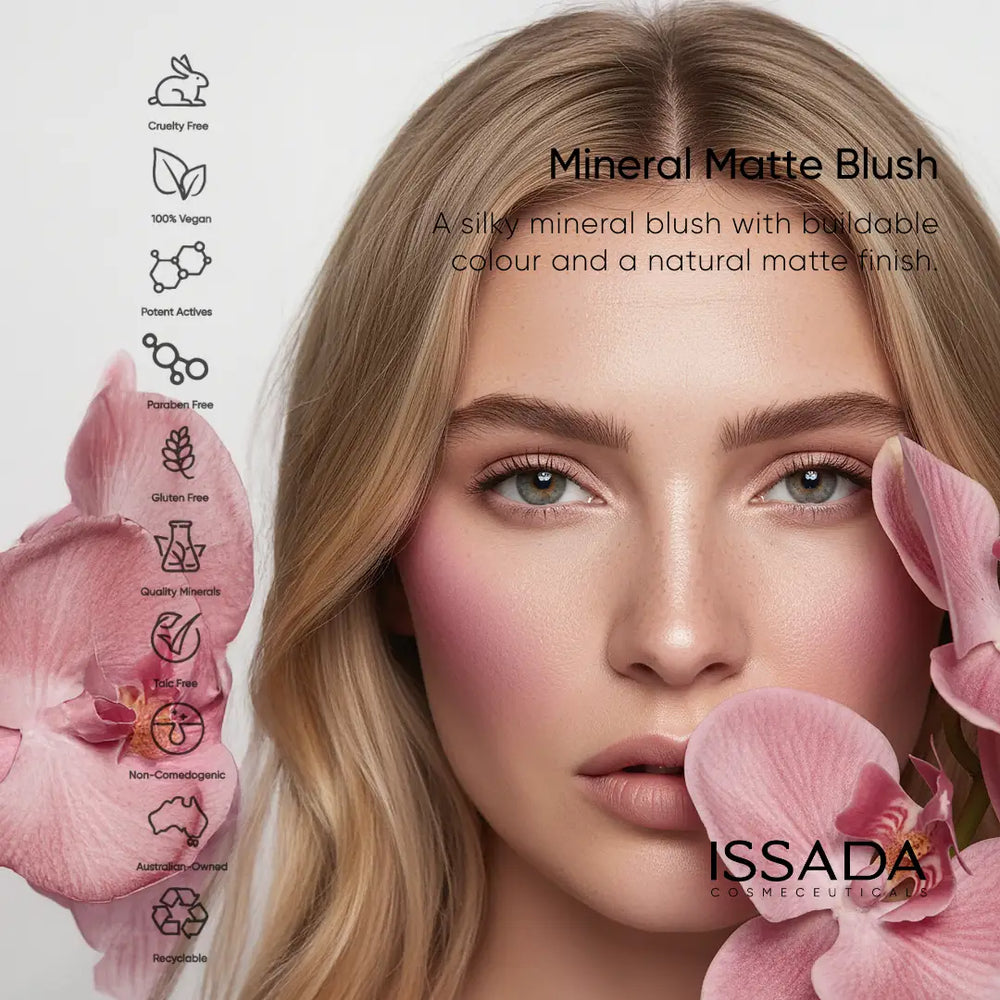 Model wearing ISSADA Mineral Matte Blush showing natural pink matte blush finish on cheeks