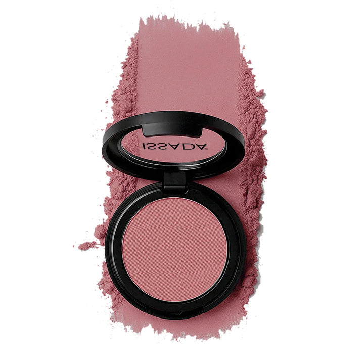 ISSADA Mineral Matte Blush Lychee shade compact with cool pink blush powder swatch and buildable matte mineral pigment