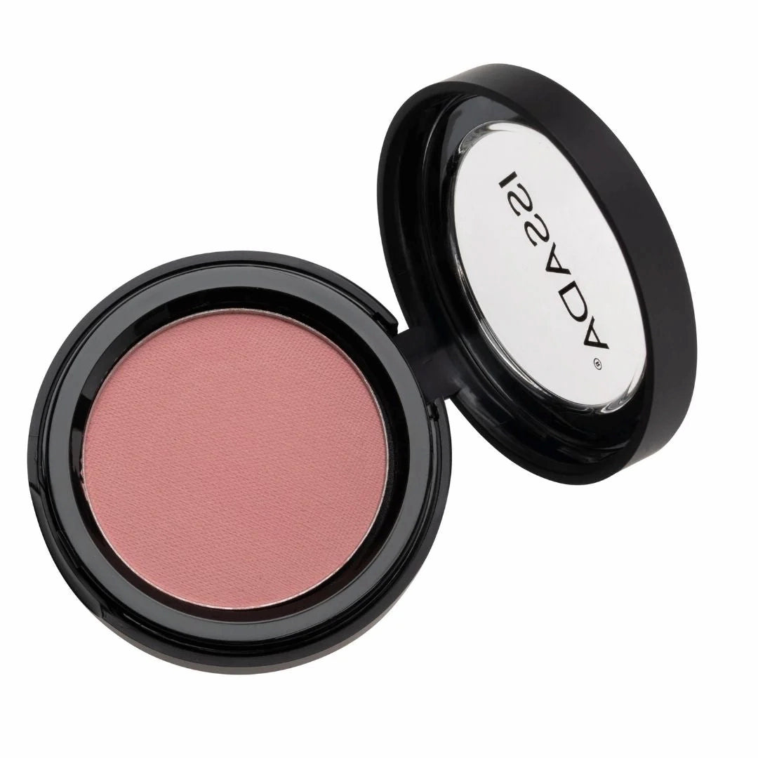 Issada Mineral Matte Blush in Lychee shade open compact on a white background