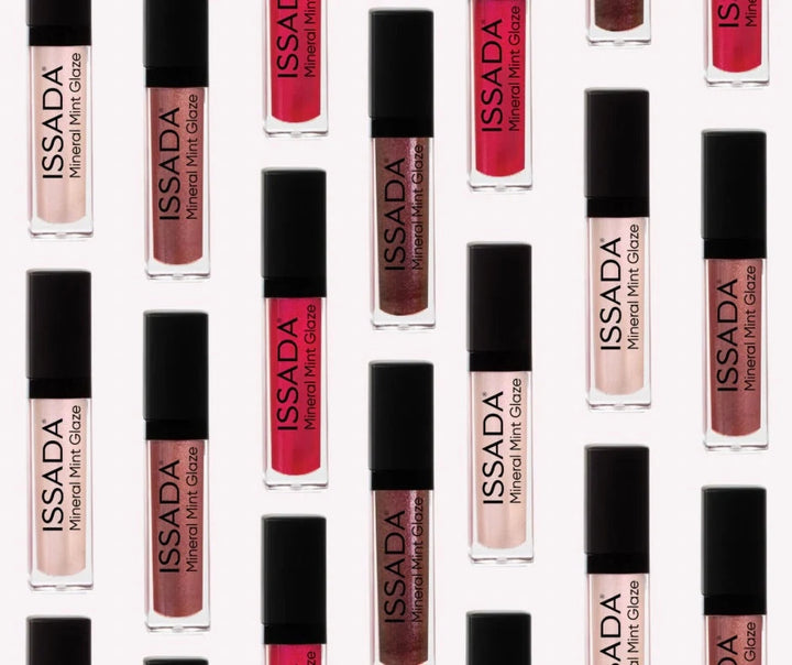 ISSADA Mineral Mint Glaze Lip Gloss collection featuring multiple shades on a white background