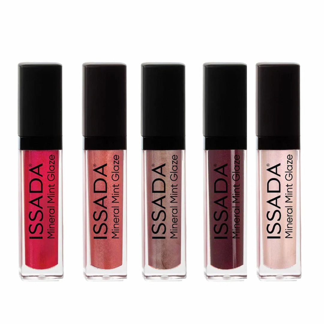 Five ISSADA Mineral Mint Glaze lip glosses in various shades on a white background