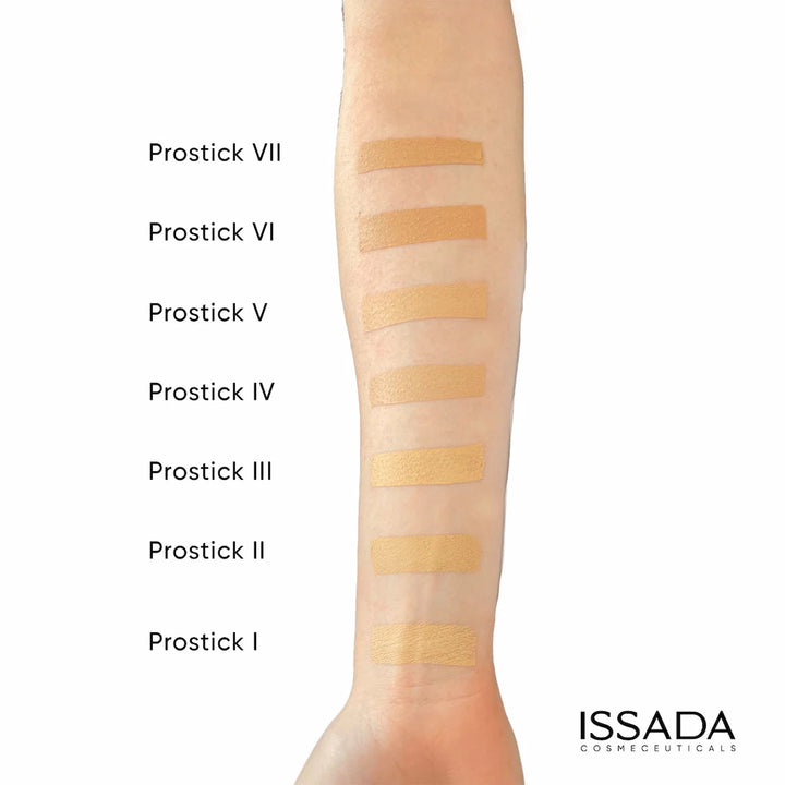 Swatch comparison of ISSADA Mineral Prostick shades on an arm